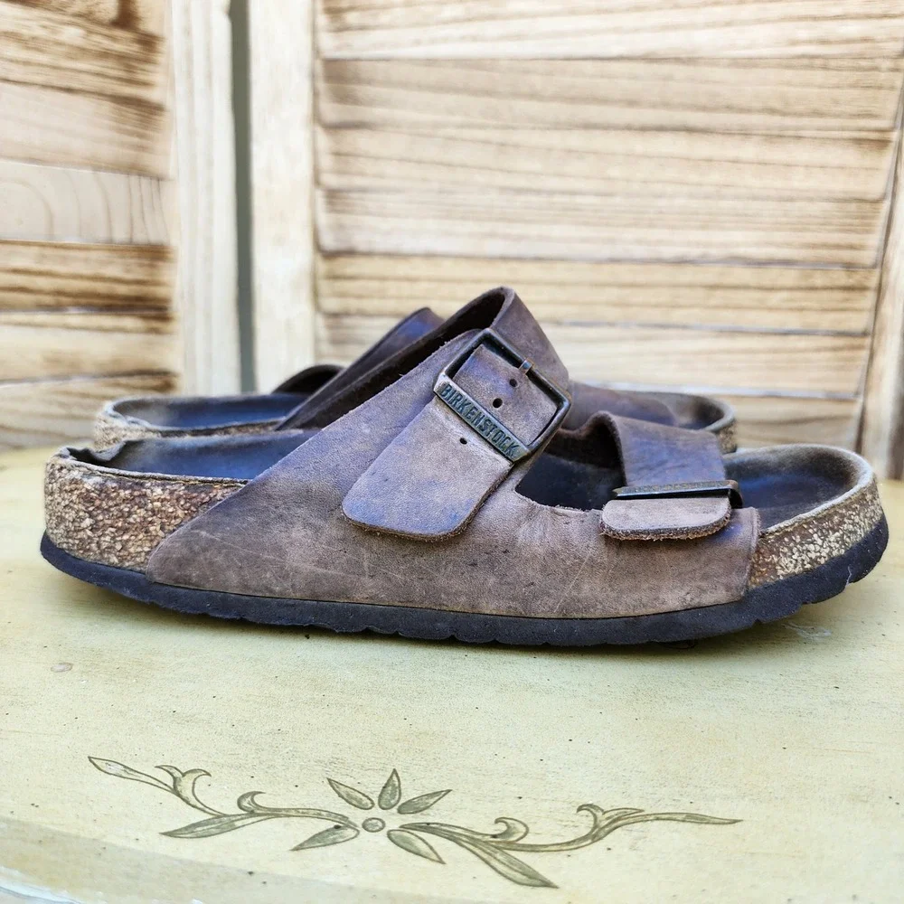 Birkenstock EU 40 US 7 Brown Leather Arizona Slide Sandals Classic Comfort